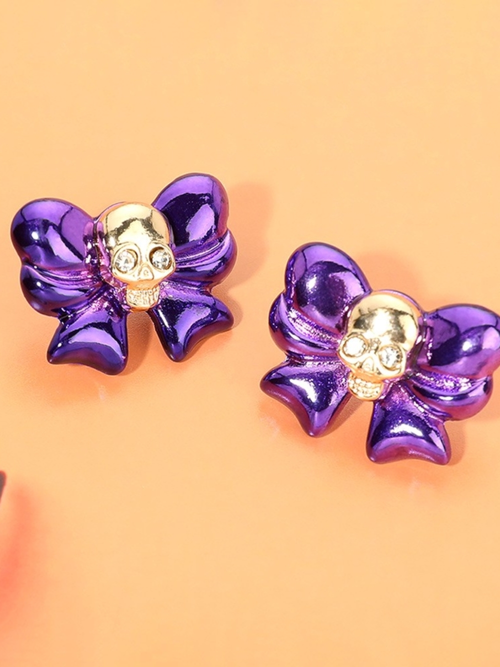 Purple Skull Stud Halloween Jewelry Bow Earrings Gold Statement Accessory